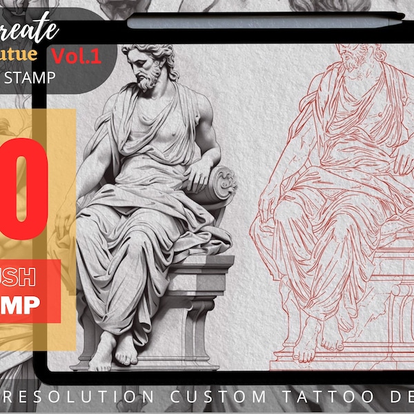 Greek Statue, Poseidon Tattoo, tattoo design , greek mythology,  tattoo brush stamp,  tattoo reference, Procreate tattoo stamps