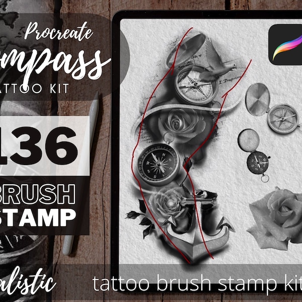 tattoo design , compass Tattoo brush stamp , compass tattoo brush stamp, Roses tattoo , Procreate tattoo brushes, compass stamp brushes