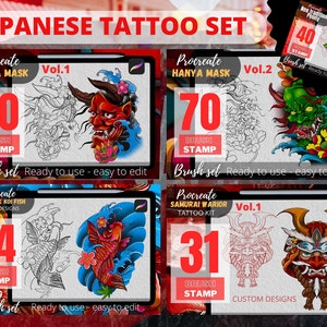 Hanya Mask tatoo, Brush stamp, Japan tattoo stencil, Tattoo  stamp, Japanese tattoo Brushset, Hanya mask tattoo stencil, tattoo design