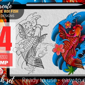Koi fish tattoo, Japan tattoo stencil, Tattoo  stamp, Japanese tattoo Brushset, Japanese wave tattoo, Japanese koi fish, Samurai brushes