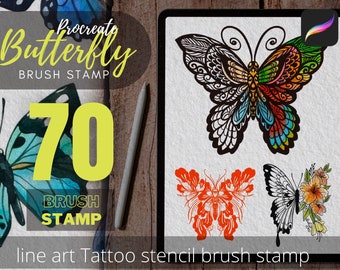 Op de afbeelding: Een digitale illustratie van 70 vlinderpenseelstempels voor Procreate. De stempels zijn in verschillende stijlen, waaronder lijnkunst, tatoeagesjablonen en penseelstreken. De afbeelding bevat ook de tekst "Procreate Butterfly Brush Stamp" en "70 Brush Stamp".