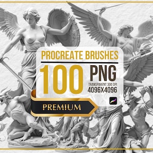 Könnte beinhalten: 100 Procreate Pinsel PNG, transparent, 300 DPI, 4096x4096, Premium, digitale Kunst, Grafikdesign, Illustration, Engel, Dämonen, Flügel, Schwert, Statuen, weiß, grau, schwarz