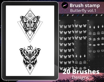 May include: A digital illustration of 20 butterfly brush stamps for use in digital art programs. The stamps feature butterflies with geometric designs and symbols like Om and lotus flowers. The image shows a preview of the brushes on a tablet screen.