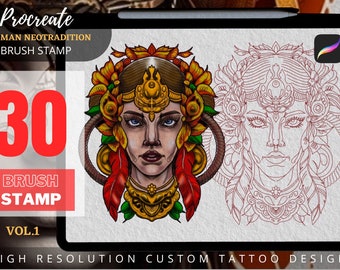 May include: Procreate brush stamp for digital art, featuring a woman with a floral crown and feathers, in a neo-traditional style. The image also includes a line art version of the design.  30 Brush Stamp Vol. 1. High Resolution Custom Tattoo Design.