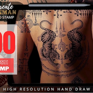 Könnte beinhalten: Eine digitale Illustration von 100 Pinsel-Stempeln für Procreate mit einem traditionellen thailändischen Tattoo-Design mit zwei Tigern und komplizierten Mustern. Der Text "Procreate Talisman Tattoo Stamp" und "100 Brush Stamp" ist auf dem Bild zu sehen.