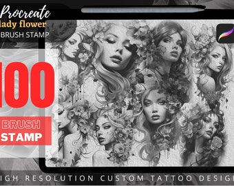 May include: A digital illustration of 100 Procreate brush stamps featuring a collection of black and white images of women with flowers in their hair. The text "Procreate lady flower brush stamp" and "100 brush stamp" are visible in the image.
