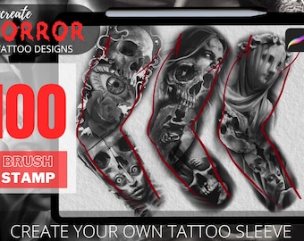 100 Horror Tattoo Stamps, Gothic Procreate Brushes (PDF)