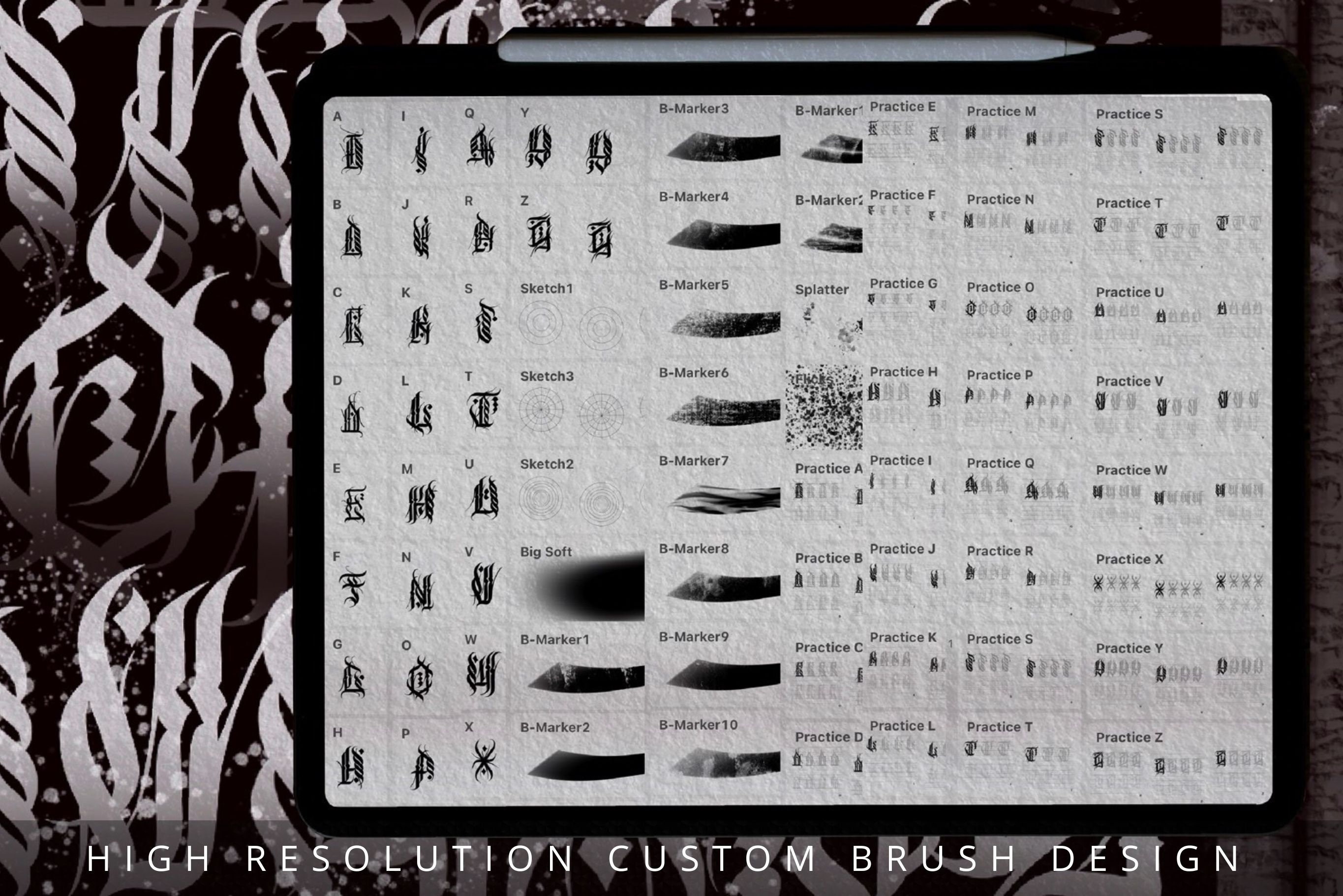 Gothic Calligraphy Brush Set, Tattoo Stencils for Procreate (digital ...