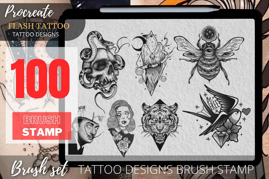 100 Flash Tattoo Designs, Skull Tattoo Brush Stamps (procreate, Digital ...