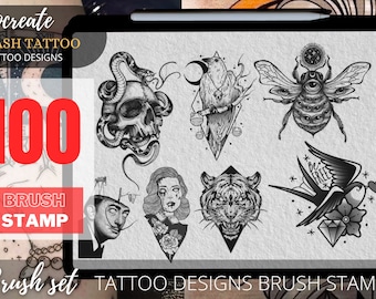May include: A digital illustration of 100 tattoo designs for use with the Procreate app. The designs include a skull with a snake, a bird, a bee with multiple eyes, a tiger, a woman with tears, and a swallow with a diamond.
