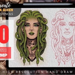 Medusa tattoo, tattoo design, Snake tattoo, Woman tattoo, Procreate tattoo, Flat tattoo, tattoo stamp, tattoo stamps, Flat tattoo