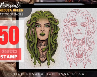 May include: A digital illustration of Medusa, a mythical Greek figure with snakes for hair, in a green and red color scheme. The image is labeled "Procreate Medusa Queen Tattoo Stencils 50 Brush Stamp High Resolution Hand Draw".