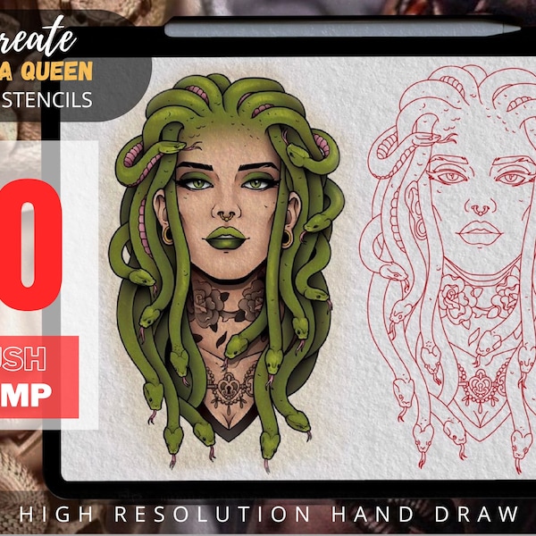 Medusa tattoo, tattoo design, Snake tattoo, Woman tattoo, Procreate tattoo, Flat tattoo, tattoo stamp, tattoo stamps, Flat tattoo