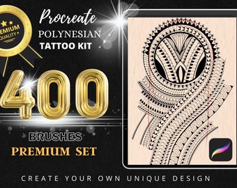 Peut inclure: Une illustration numérique d'un motif de tatouage polynésien sur l'écran d'une tablette. Le motif est noir et blanc et présente des motifs et des formes complexes. La tablette est entourée d'un fond noir avec le texte "Procreate Polynesian Tattoo Kit" et "400 Brushes Premium Set" en lettres dorées.