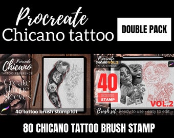 May include: A digital illustration of a Chicano tattoo design with a skull and roses. The image is a Procreate brush stamp kit with 80 brush stamps in total. The text on the image reads "Procreate Chicano Tattoo Double Pack", "Procreate Chicano Vol.2 Tattoo Stencils", "40 Brush Stamp", "Brush Set Ready to Use - Easy to Edit", "Vol.2", and "80 Chicano Tattoo Brush Stamp".
