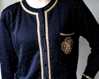 Vintage Clothing / Beaded Cardigan Black and Gold / 90s Liz Claiborne Black Cardigan / Vintage Women's Cropped Cardigan Small