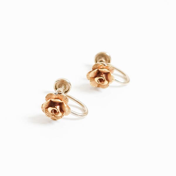 Vintage 1950s 14kt Gold Filled Rose Earrings / Signed De Curtis Earrings / 50s Vintage Screwback Rose Earrings / Vintage Gold Earrings 50s