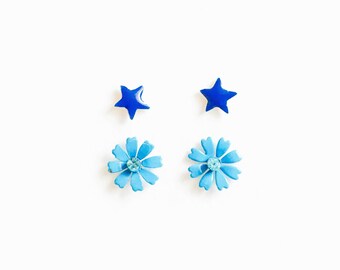 Kolczyki sztyfty Vintage 80s / Zestaw dwóch par kolczyków Vintage / Kolczyki gwiazdy i kwiaty z lat 80. / Kolczyki sztyfty Vintage Blue / Biżuteria z lat 80.