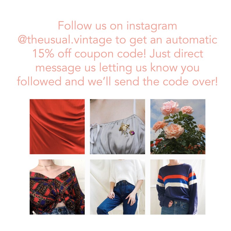 May include: A collage of six images showcasing different vintage clothing items. The images include a red top, a gray top with a bee brooch, a bouquet of pink roses, a red and black patterned top, a white top with blue jeans, and a blue and white striped sweater with blue jeans.
