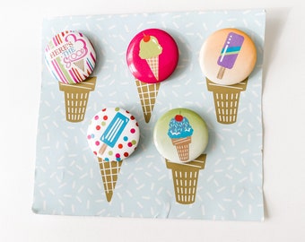 Set of five small vintage colorful ice cream cone pinback buttons