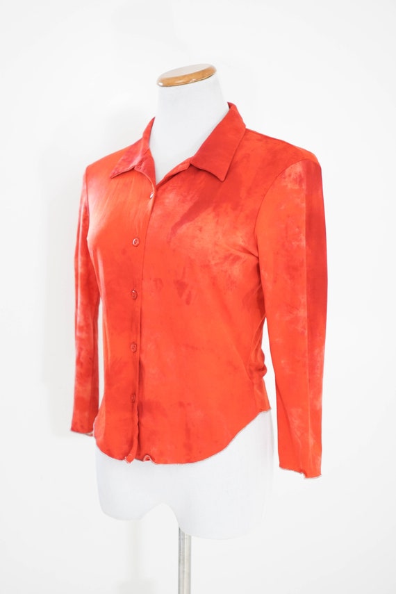 90s Bright Red and Orange Blouse / Collared Blouse