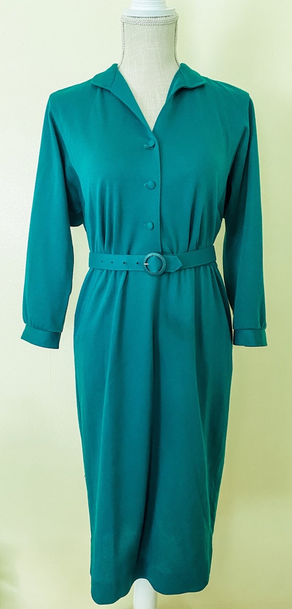 Vintage Green Wool Blend Dress / 70s Dress / Petit