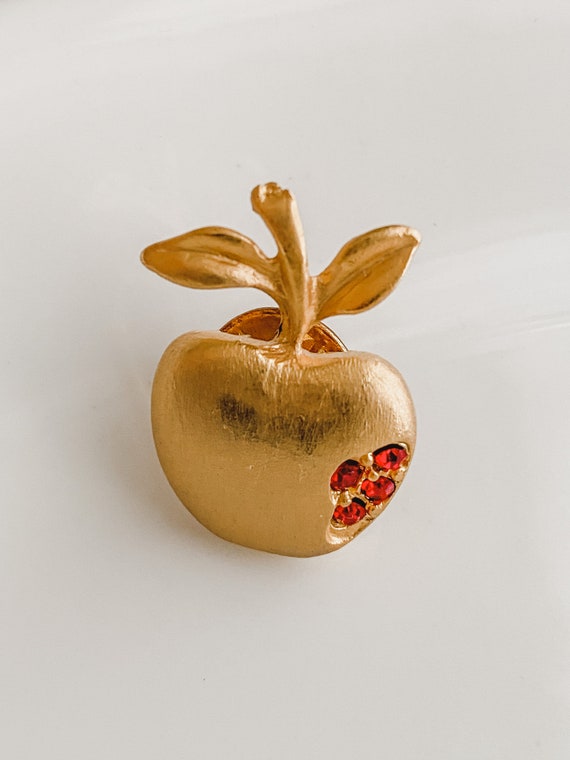 Vintage Brushed Goldtone Apple Brooch Pin with Red