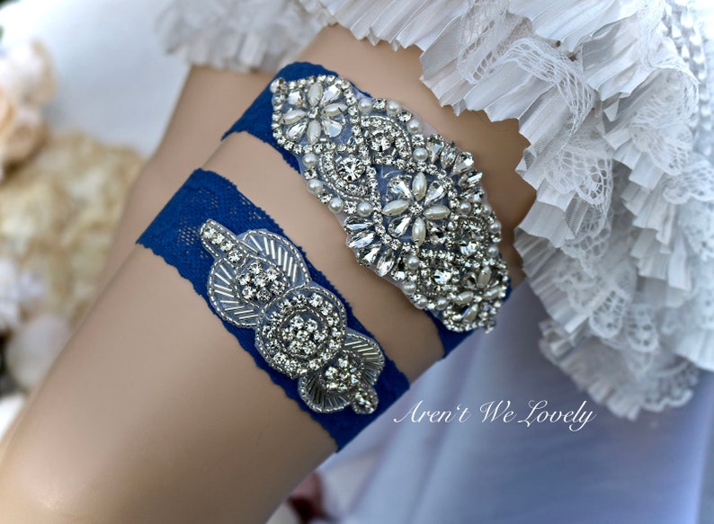 Weddings blue garter belt wedding garter pearl garter crystal garter Bridal garter set royal blue garter keepsake garter