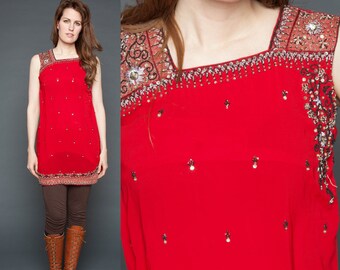 Stunning Red Silky India Dress Beaded Embroidered Tunic Ethnic Indian Kaftan Small Short