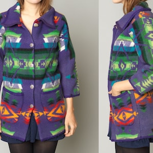 70&#39;s Pendleton Blanket Coat Handmade XS Small Purple Green Red Orange Wool Boho Hippie Southwestern Chief Joseph Wool Colorful
