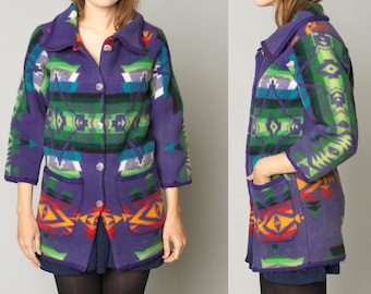 70's Pendleton manta abrigo hecho a mano XS verde pequeño verde rojo naranja lana Boho hippie sudoeste jefe Joseph Wool colorido