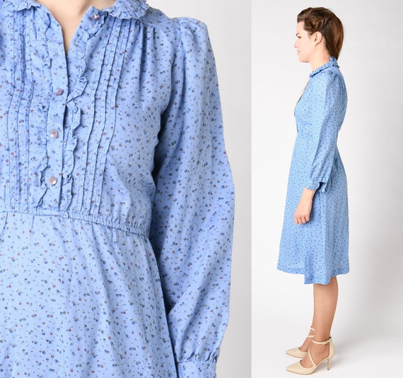 70's Laura Ashley Style Prairie Dress Floral Navy