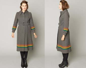 Gorgeous Gray Princess Coat with Striped Rainbow Piping Small Single Breasted Pendleton Style Hudson Bay Striped Fit and Flare Jacket