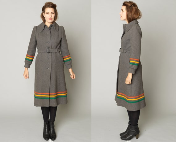 Gorgeous Gray Princess Coat With Striped Rainbow Piping Small Single Breasted Pendleton Style Hudson Bay Striped Fit and Flare Jacket Etsy