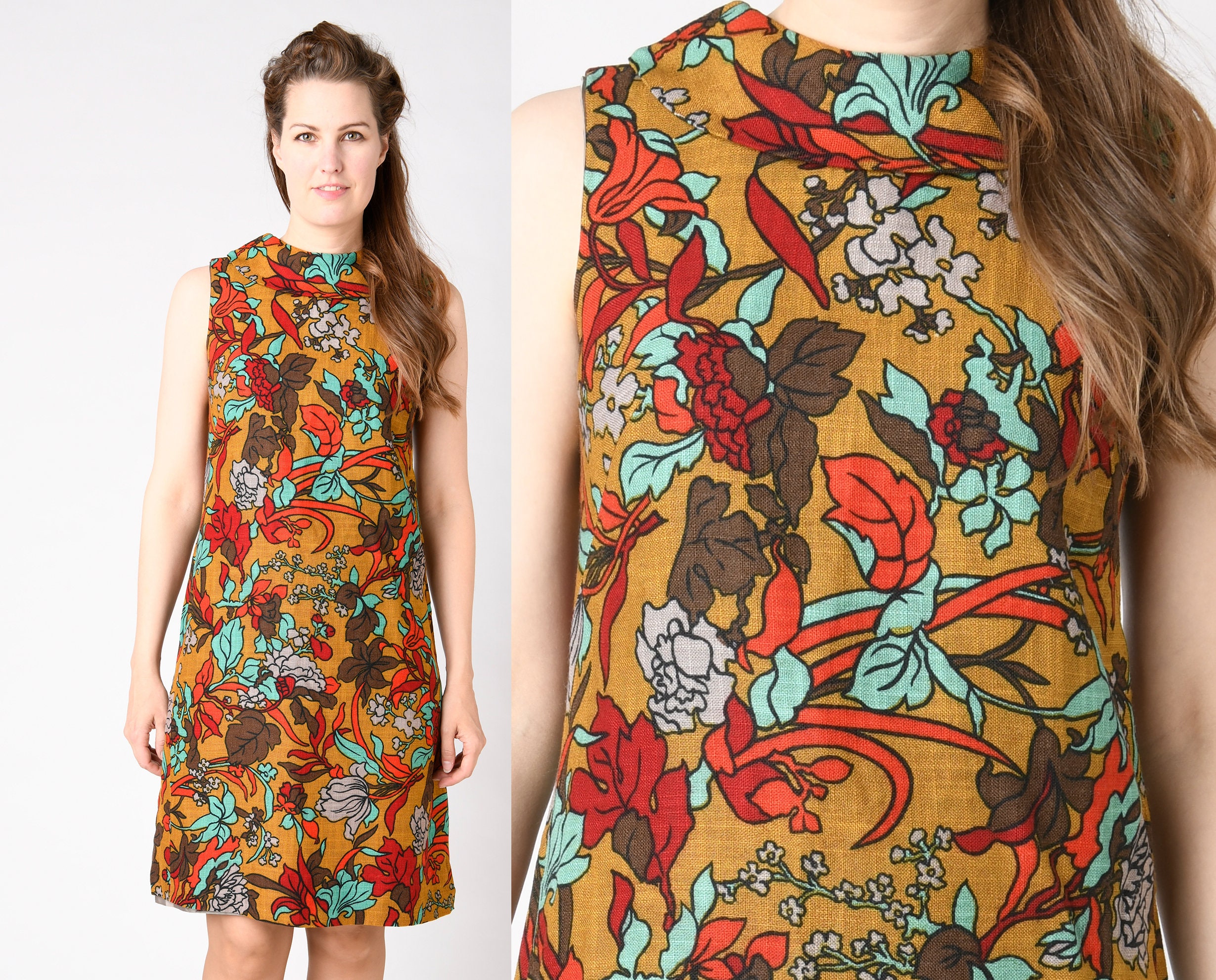 60's Midi Tapestry Dress Floral Brown ...
