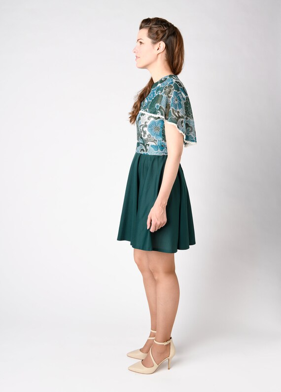 Vintage Angel Sleeve 60's Midi Dress Floral Green… - image 3