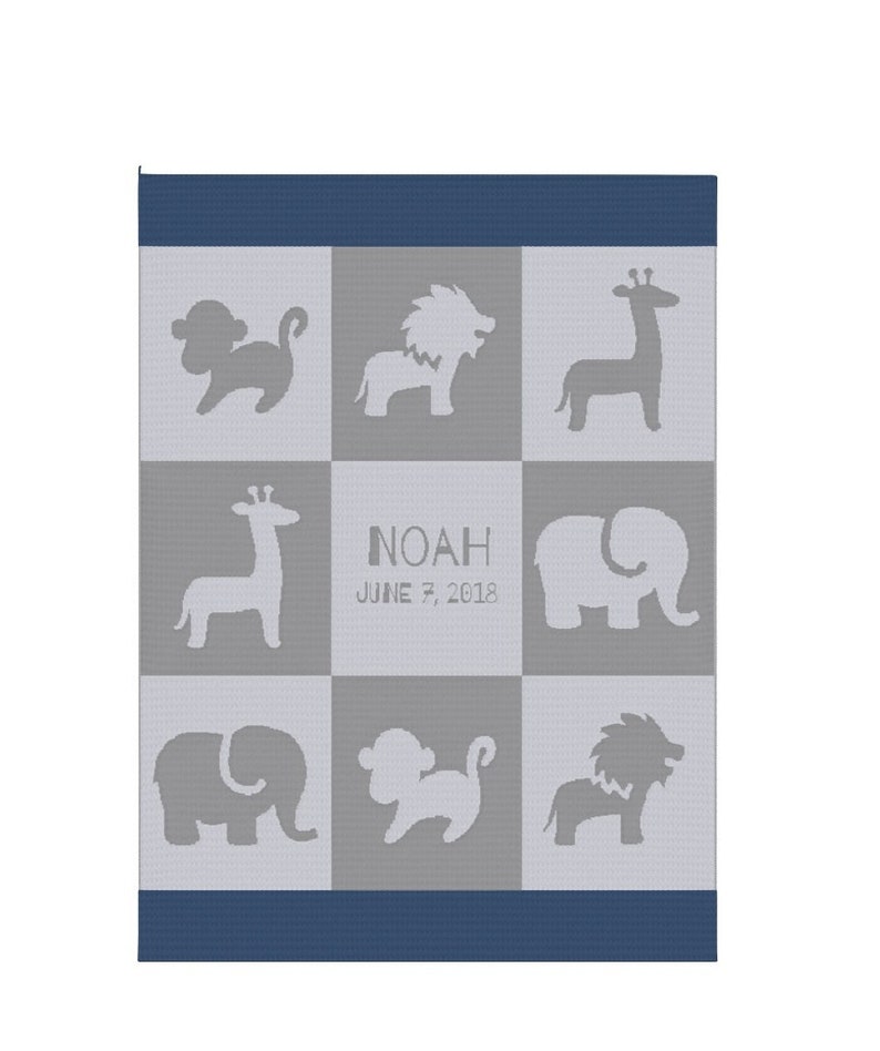 Emji Cashwool Boy or Girl Name /& Birth Date Personalized Knit Baby Blanket Baby Safari Animals| Custom Stroller Blanket BB011
