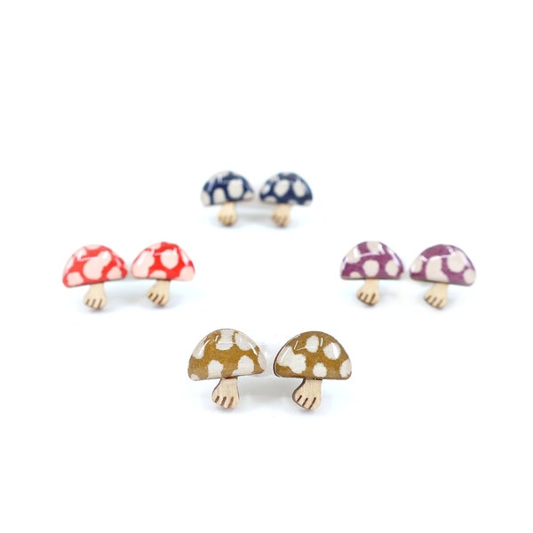 Geometric dot mushroom titanium studs, cute toadstool earrings fungi