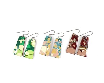 Hand Marbled Paper Dangle Earrings, Titanium Hooks, Navy Green Pink, Mid Century Modern Style