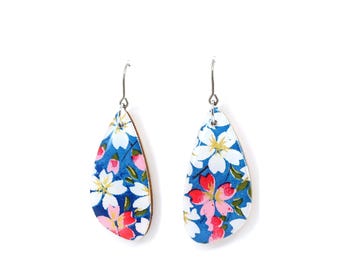 Blue/Pink/White floral Japanese Chiyogami titanium earrings, Nickel free sensitive ears