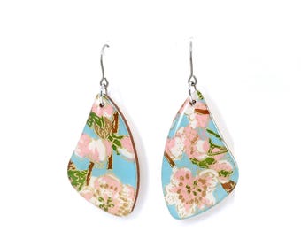 Light blue peach branch floral dangle earrings with nickel free titanium hook, Lightweight, Japanese earrings