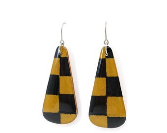 Ichimatsu Checkered Japanese Katazome Paper Earrings, Lightweight Wood Dangles, Sensitive Ears - Ochre and black