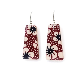 Retro floral Japanese paper long earrings with titanium hook - Brown and White