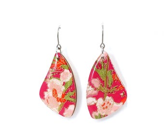 Red pink peach blossom dangle earrings with nickel free titanium hook, Lightweight, Japanese earrings