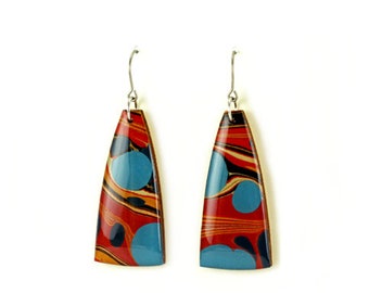 Orange and turquoise blue marble titanium drop earrings mid century modern hand marbled paper