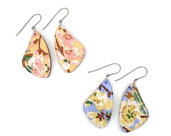 Floral Japanese Chiyogami earrings with titanium hook, Lightweight wooden dangles, Sensitive ears