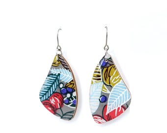 Leaf and fruit Chiyogami festive dangle earrings with nickel free titanium hook, Lightweight, Japanese earrings - Gray