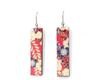 Floral Chiyogami long bar titanium earrings - Coral pink