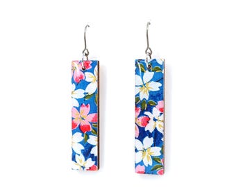 Blue, pink and white floral Chiyogami long bar titanium earrings