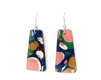 Hand Marbled Paper Dangle Earrings, Titanium Hooks, Navy Green Pink, Mid Century Modern Style